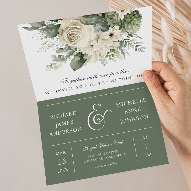 Convite Rosas de Marfim Verde Salvia Código QR Casamento (Criador carregado)