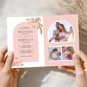 Convite Rosas Rosa Bege Arco de Pampas Código QR Casamento