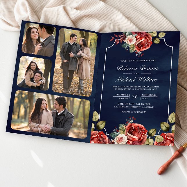 Convite Rosas Vermelhas Quadro Floral Azul Marinho Código  (Criador carregado)