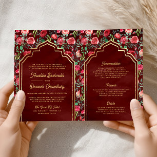 Convite Rosas Vermelho Marrom Floral Dourado Casamento Ind