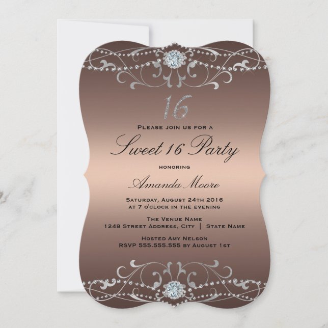 Convite Rose Gold Diamond Damask Sweet 16 (Frente)