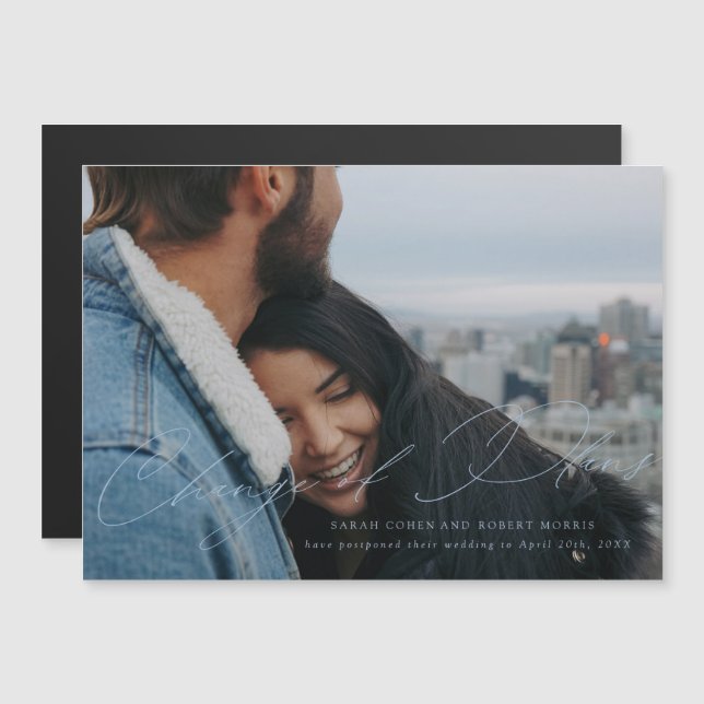 Convite Roteiro Azul Celeste Mudança de Data de Casamento (Frente/Verso)