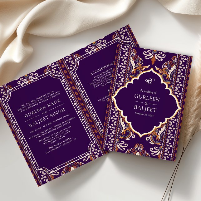 Convite Roxo Amarelo Ikat All in One Casamento Sikh (Criador carregado)