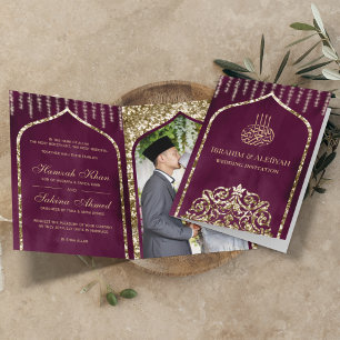 Convite Roxo Ameixa Dourado Vintage Arco Islâmico Casament