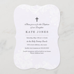 Convite roxo branco elegante do baptismo do laço