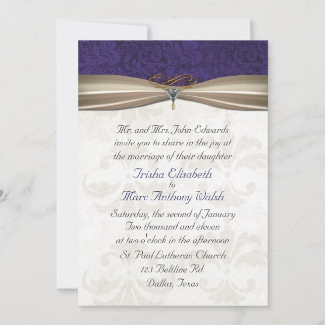 Convite roxo & de creme elegante do casamento tema (Frente)