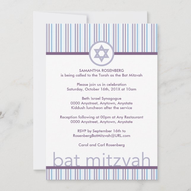 Convite roxo de Mitzvah do bastão das listras (Frente)