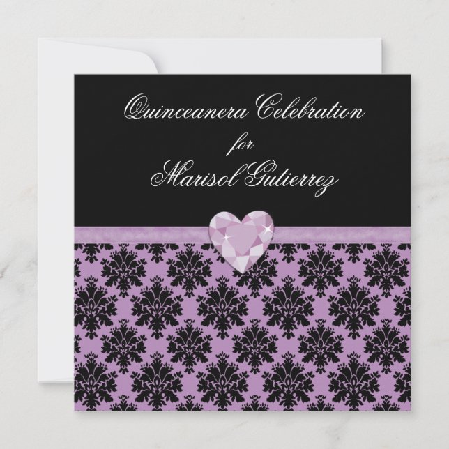Convite roxo de Quinceanera do coração da jóia do (Frente)