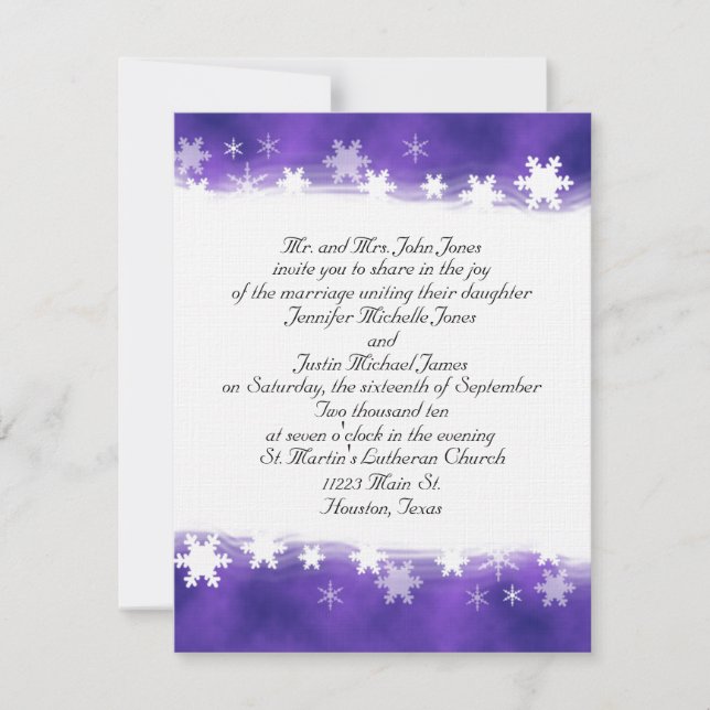 Convite roxo e branco do casamento do floco de (Frente)