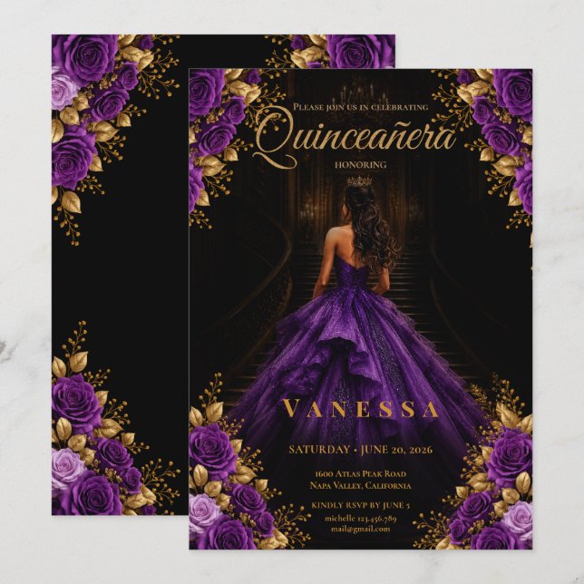 Convite Roxo e Dourado de Quinceanera (Frente/Verso)