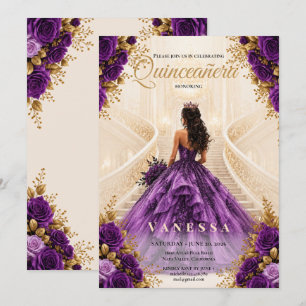 Convite Roxo e Dourado de Quinceanera