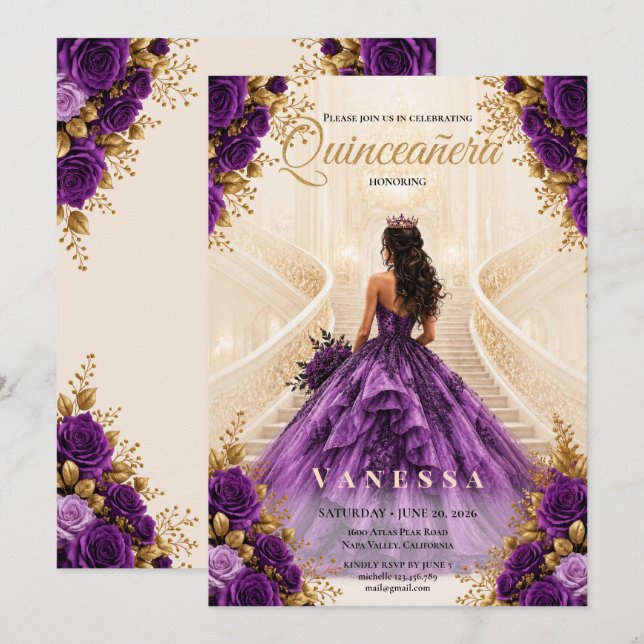 Convite Roxo e Dourado de Quinceanera (Frente/Verso)