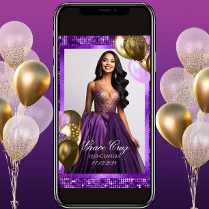 Convite Roxo e Dourado de Quinceañera