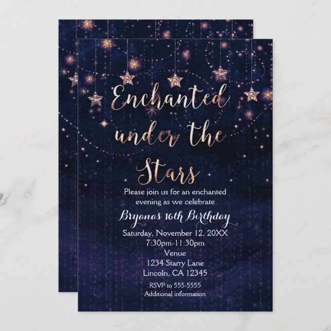 Convite Roxo e Dourado Encantado sob as Estrelas (Frente/Verso)