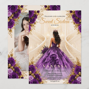 Convite roxo e dourado para festa de 16 anos da pr
