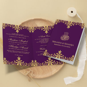 Convite Roxo Escuro e Dourado Folha Damask Casamento Islâm