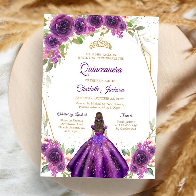 Convite Roxo Mis Quince, Lilac Quinceanera (Criador carregado)