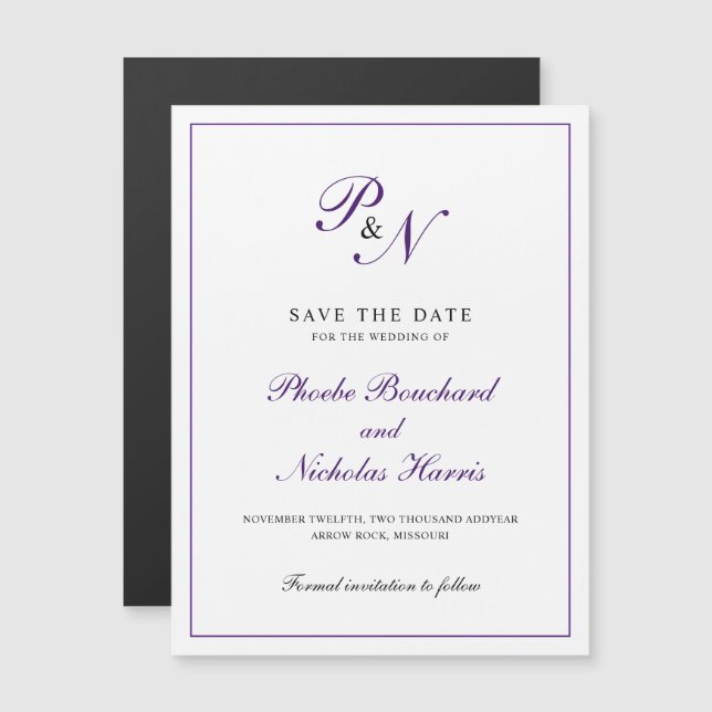 Convite Roxo Real Clássico Elegante Casamento Salve a Data (Frente/Verso)