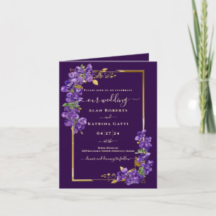 Convite Roxo Violeta Floral Dourado Quadro Dobrado