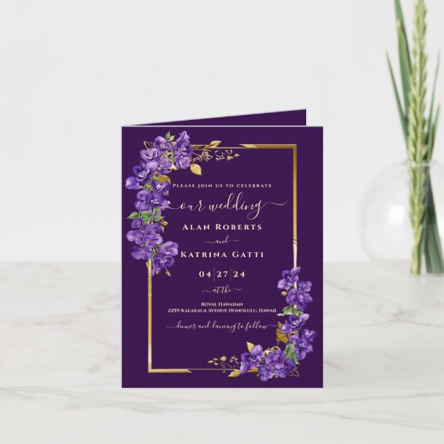 Convite Roxo Violeta Floral Dourado Quadro Dobrado (Frente)