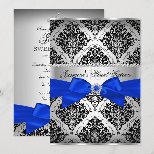 Convite Royal Blue & Black Damask Sweet 16 (Frente/Verso)