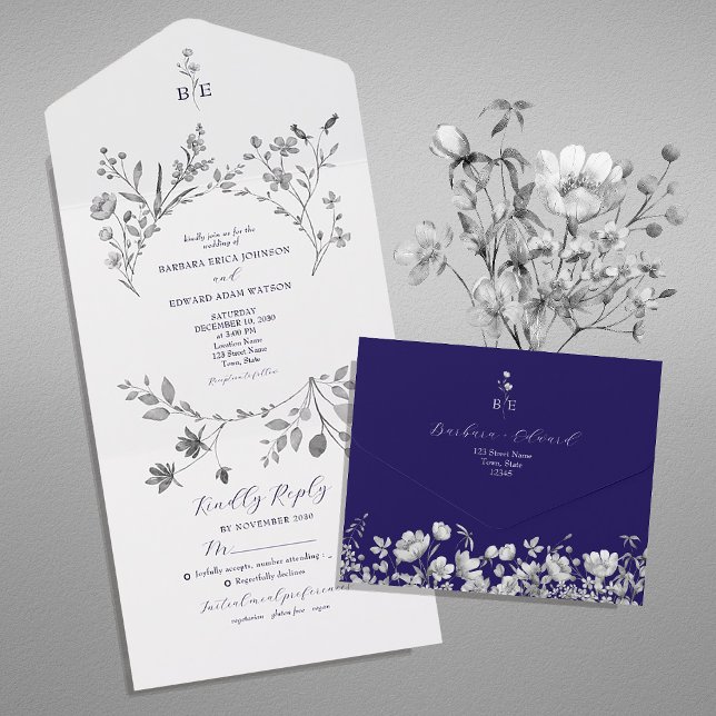 Convite Royal Blue Floral Tudo-em-Um (Criador carregado)