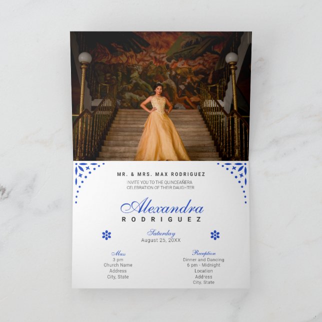 Convite Royal Blue Papel Picado Mis Quince Años (Interior)