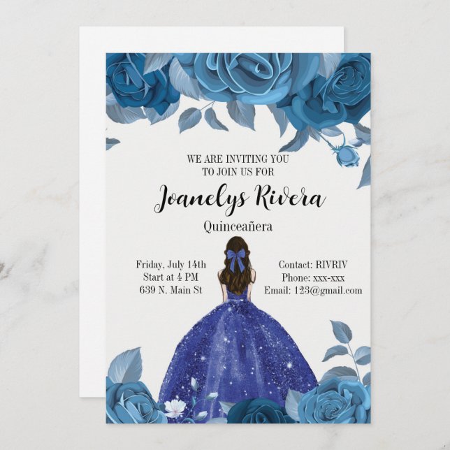 Convite Royal Blue Quinceañera (Frente/Verso)