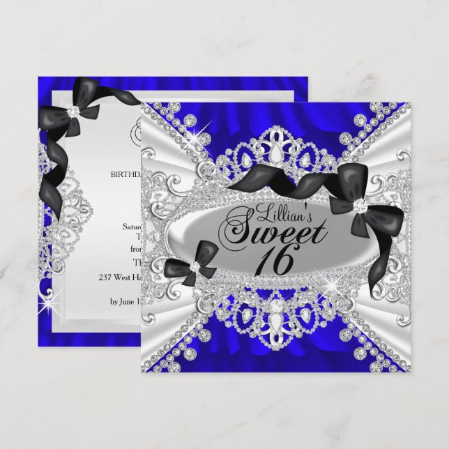 Convite Royal Blue Sparkle Diamond & Bow Sweet 16 (Frente/Verso)