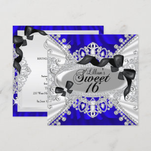 Convite Royal Blue Sparkle Diamond & Bow Sweet 16