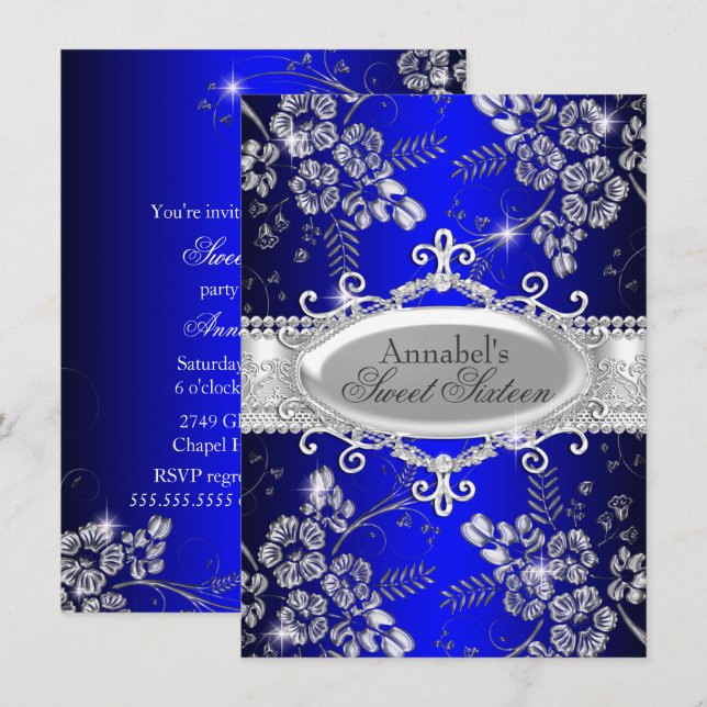 Convite Royal Blue Sweet 16 com Brilho de Prata (Frente/Verso)