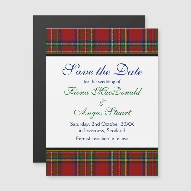 Convite Royal Stuart Tartan Wedding Salve o ímã de data (Frente/Verso)