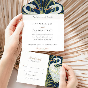 Convite RSVP Art Déco Cisne Tudo-em-Um Desmontável