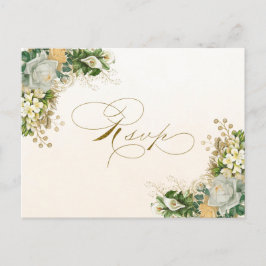 Convite RSVP de Casamento Dourado Floral Branco El