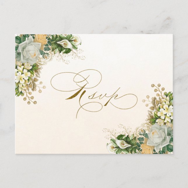 Convite RSVP de Casamento Dourado Floral Branco El (Frente)