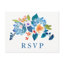 Convite RSVP de Casamento Floral de Pêssego Azul E