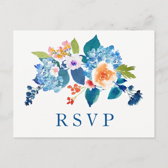 Convite RSVP de Casamento Floral de Pêssego Azul E (Frente)