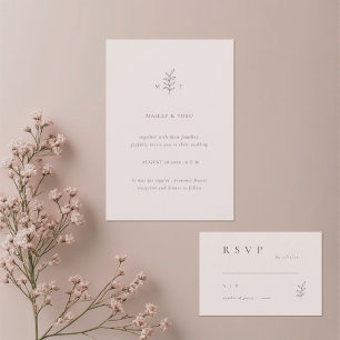 Convite RSVP de Casamento Preto Pink Folha Minimal