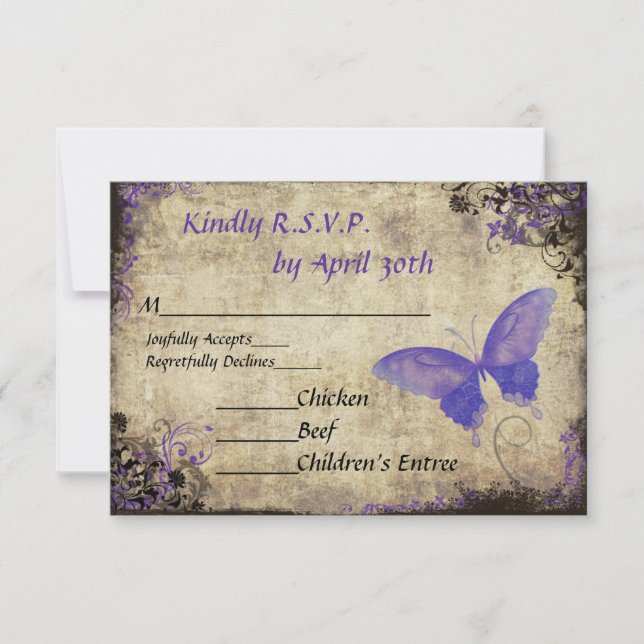 Convite RSVP de Casamento vintage de borboleta púr (Frente)