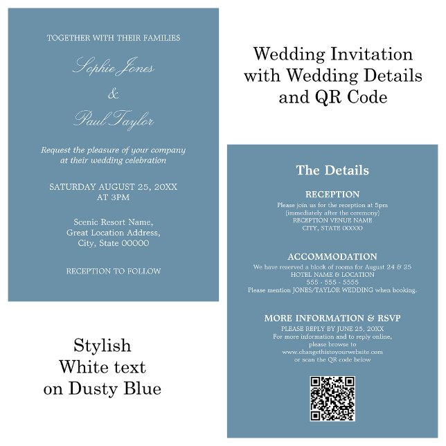 Convite RSVP de Código QR de Casamento Azul Dusty (Criador carregado)