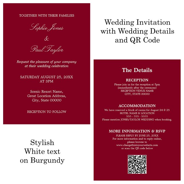 Convite RSVP de Código QR de Casamento Burgundy (Criador carregado)