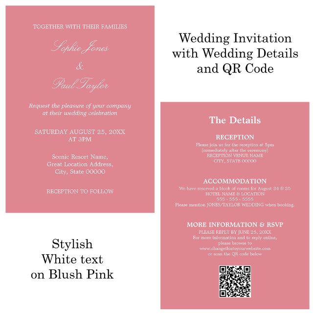 Convite RSVP de Código QR de Casamento Rosa-Blush (Criador carregado)