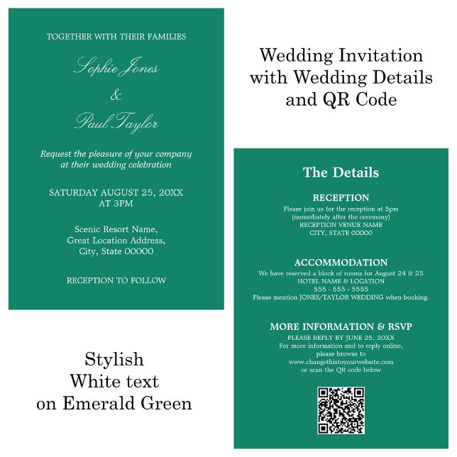 Convite RSVP de Código QR de Casamento Verde Emera (Criador carregado)