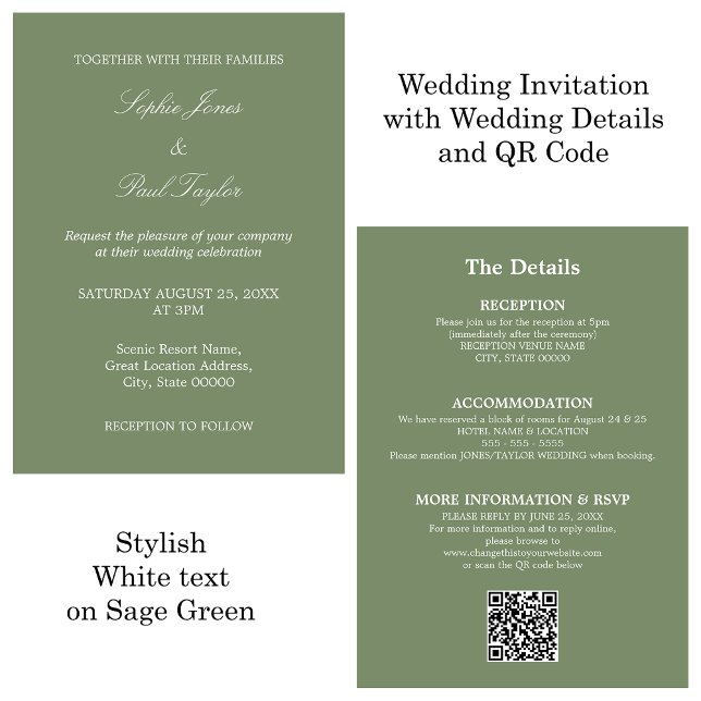 Convite RSVP de Código QR de Casamento Verde Sage (Criador carregado)