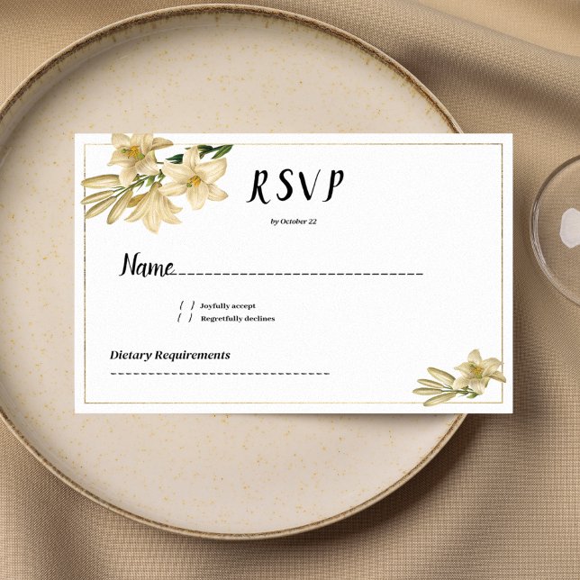 Convite RSVP de flor de lírio branca verde dourado (Elegant gold green white lily flower RSVP)