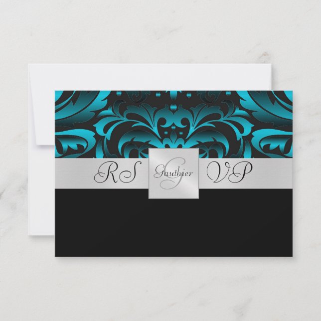Convite RSVP de Half Damask Monograma de Teal Negr (Frente)