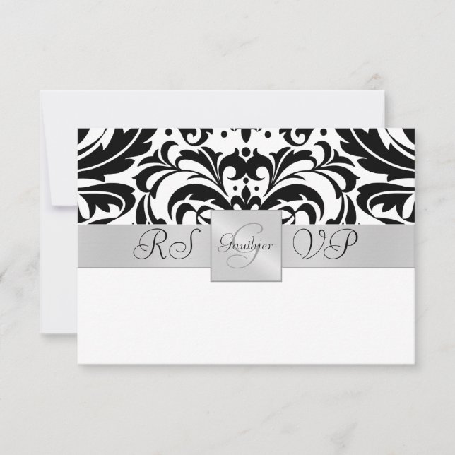 Convite RSVP de Meio Damasco Monograma Branco e Pr (Frente)