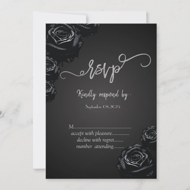 Convite RSVP Elegantes Rosas Pretas Góticas (Frente)