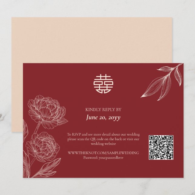 Convite RSVP para Casamento Chinês Floral Elegante (Frente/Verso)
