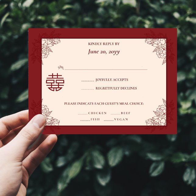 Convite RSVP para Casamento Chinês Floral Elegante (Elegant Floral Chinese Wedding RSVP Invitation)